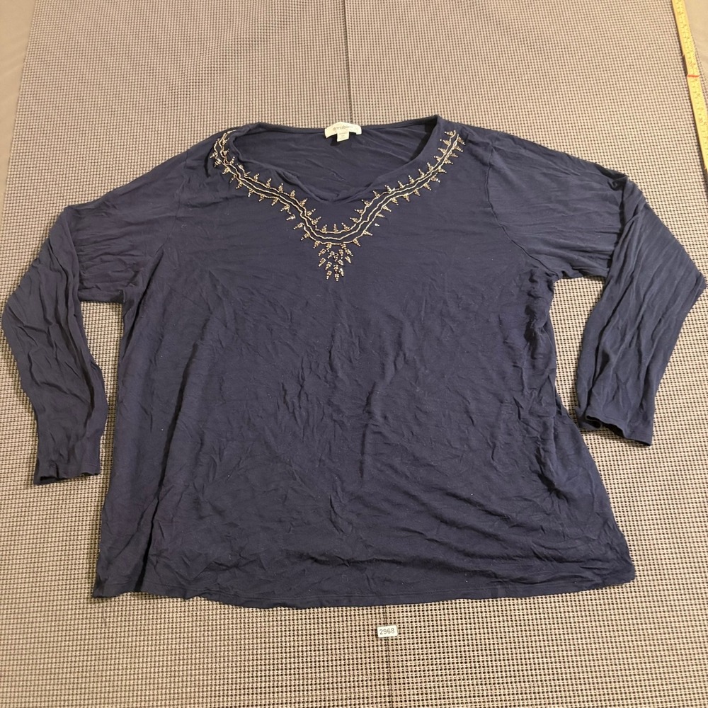 Dressbarn Woman Navy Blue Beaded V-Neck Long Sleeve Top Size 3X